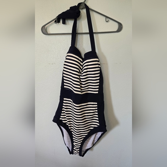 Boden | Navy Striped Halter Top One Piece Swimsuit Size 8L - Picture 3 of 9